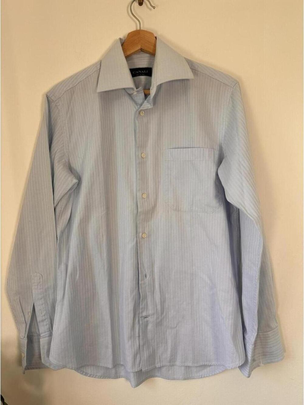 Canali Mens Button Down Shirt 15/38 Blue White striped Dress Shirt